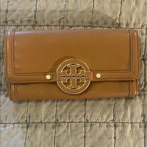 Tory Burch Cognac Leather Continental Wallet with Gold Logo